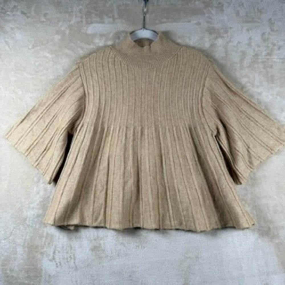 Maeve Anthropologie Mustard Yellow Ribbed Mock Neck Babydoll Sweater Bell Slv XS